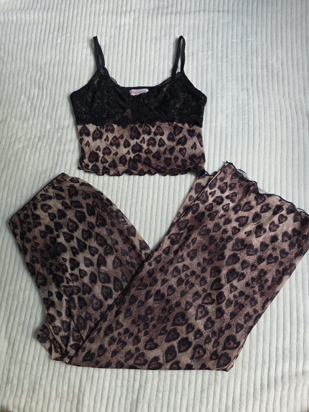 Paris Hilton Leopard Print Lace Trim Cami & Pants Sleep Set - Black/Brown